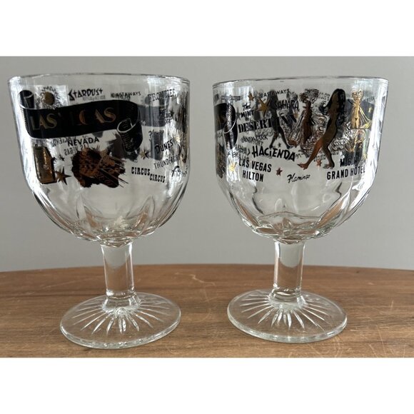 Vintage Las Vegas Strip Souvenir Beer Glass Goblet Black Gold - Set of 2 - Picture 1 of 4